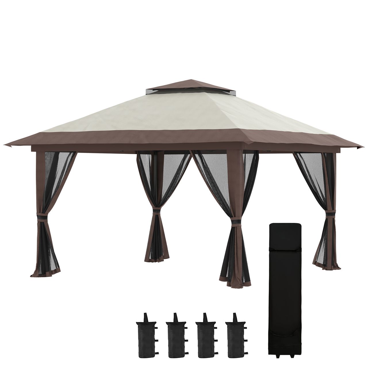 Outsunny Faltpavillon 4 x 4 m, Gartenpavillon mit 4 Netzwänden, UV – Schutz, Beige