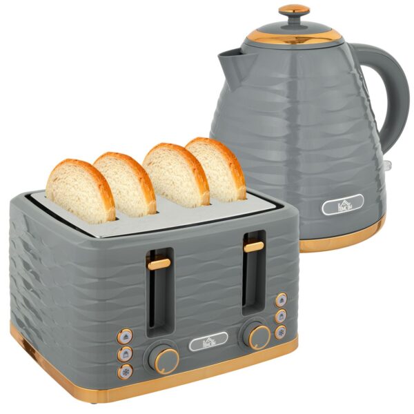 HOMCOM Wasserkocher Toaster Set mit 1, 7L Wasserkocher, 4 Scheiben Toaster Grau