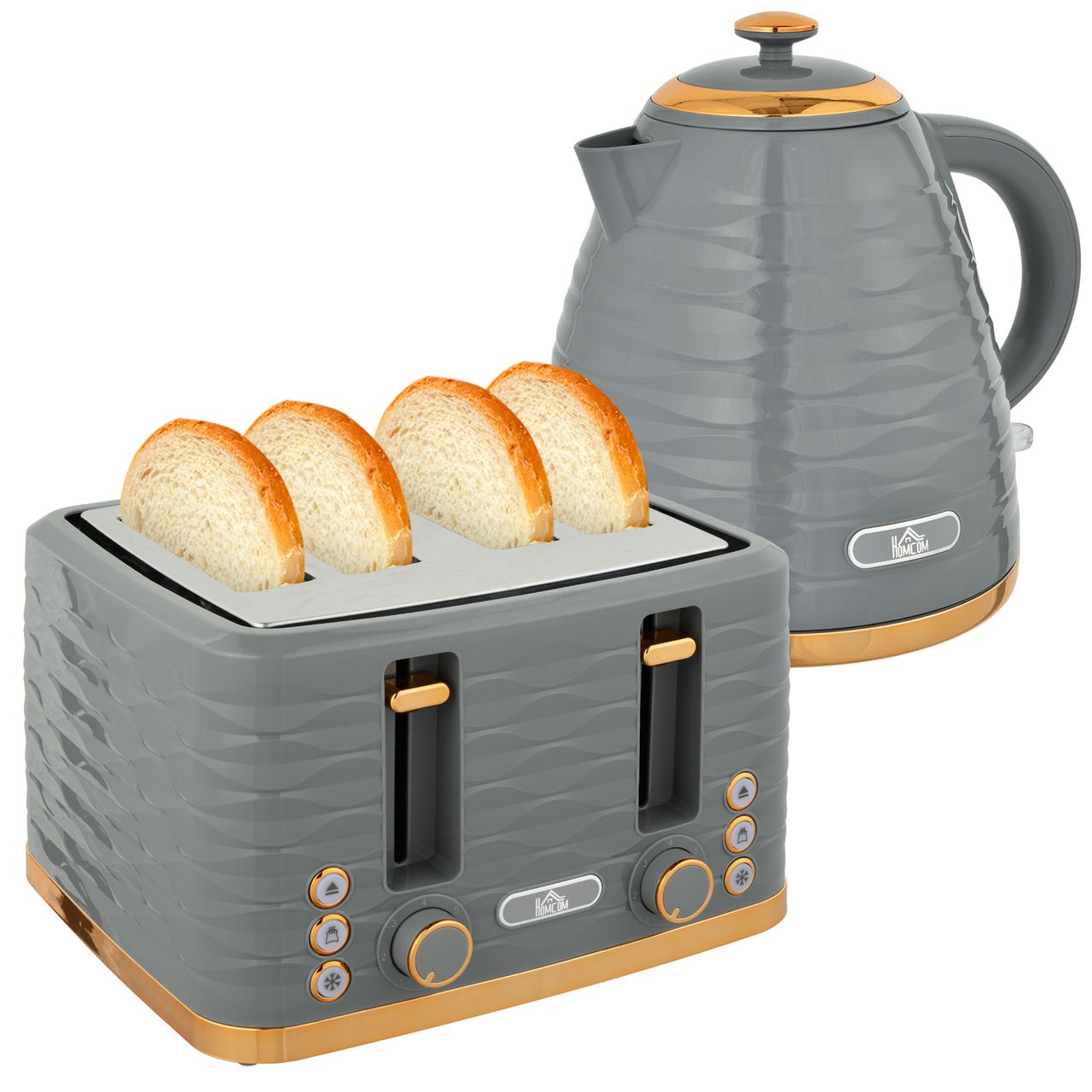 HOMCOM Wasserkocher Toaster Set mit 1, 7L Wasserkocher, 4 Scheiben Toaster Grau