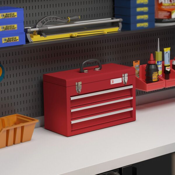 DURHAND Werkzeugkoffer leer, 51 x 22 x 32 cm Werkzeugkasten mit 3 Schubladen Rot
