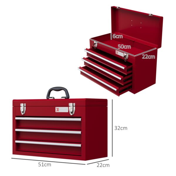 DURHAND Werkzeugkoffer leer, 51 x 22 x 32 cm Werkzeugkasten mit 3 Schubladen Rot