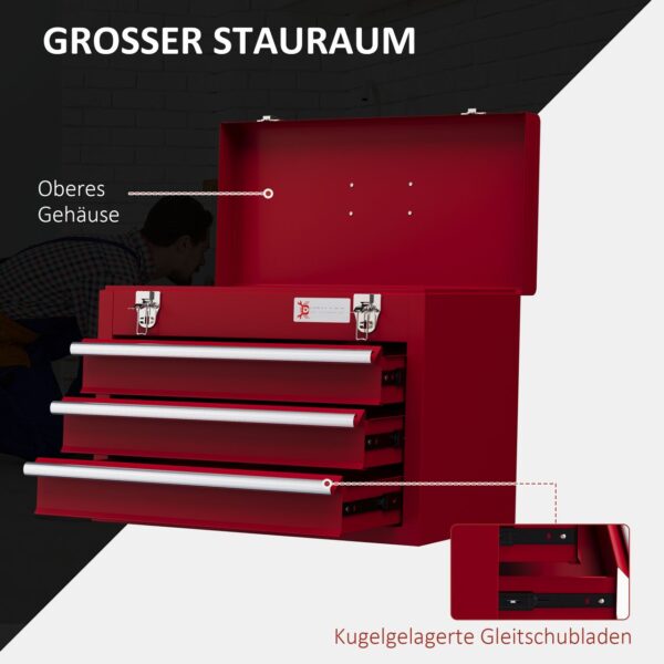 DURHAND Werkzeugkoffer leer, 51 x 22 x 32 cm Werkzeugkasten mit 3 Schubladen Rot