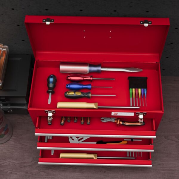 DURHAND Werkzeugkoffer leer, 51 x 22 x 32 cm Werkzeugkasten mit 3 Schubladen Rot