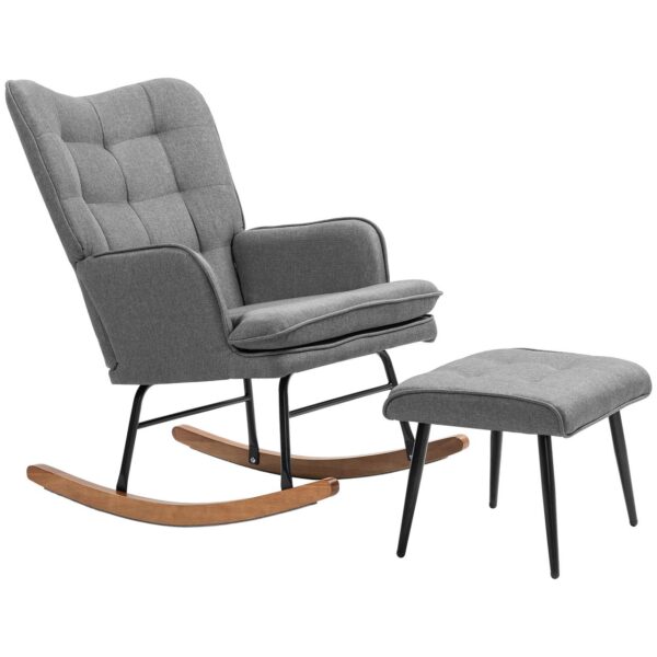 HOMCOM Schaukelstuhl Schwingsessel mit Hocker Relaxsessel mit Leinenoptik
