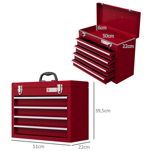 DURHAND Werkzeugkoffer leer, 51x22x39, 5 cm Werkzeugkasten mit 4 Schubladen Rot