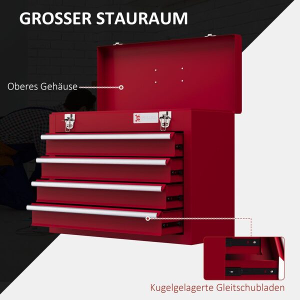 DURHAND Werkzeugkoffer leer, 51x22x39, 5 cm Werkzeugkasten mit 4 Schubladen Rot