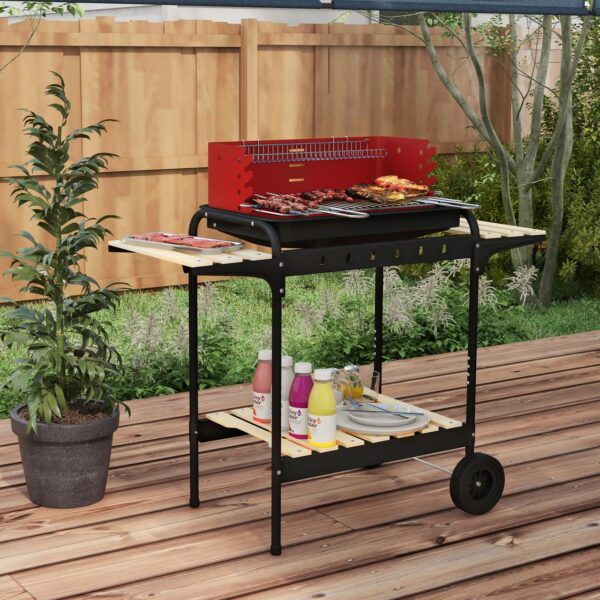 Outsunny Holzkohlegrill aus Metall BBQ Smoker mit Räder, höheverstellbar Grillrost