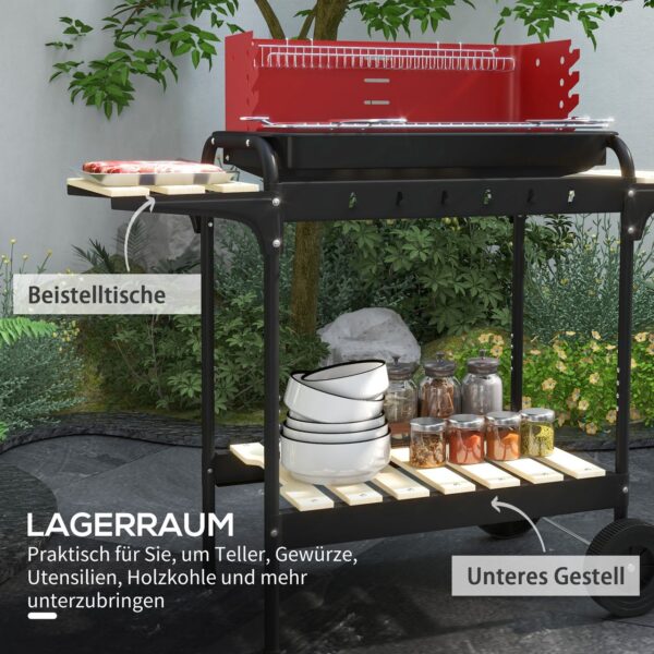 Outsunny Holzkohlegrill aus Metall BBQ Smoker mit Räder, höheverstellbar Grillrost