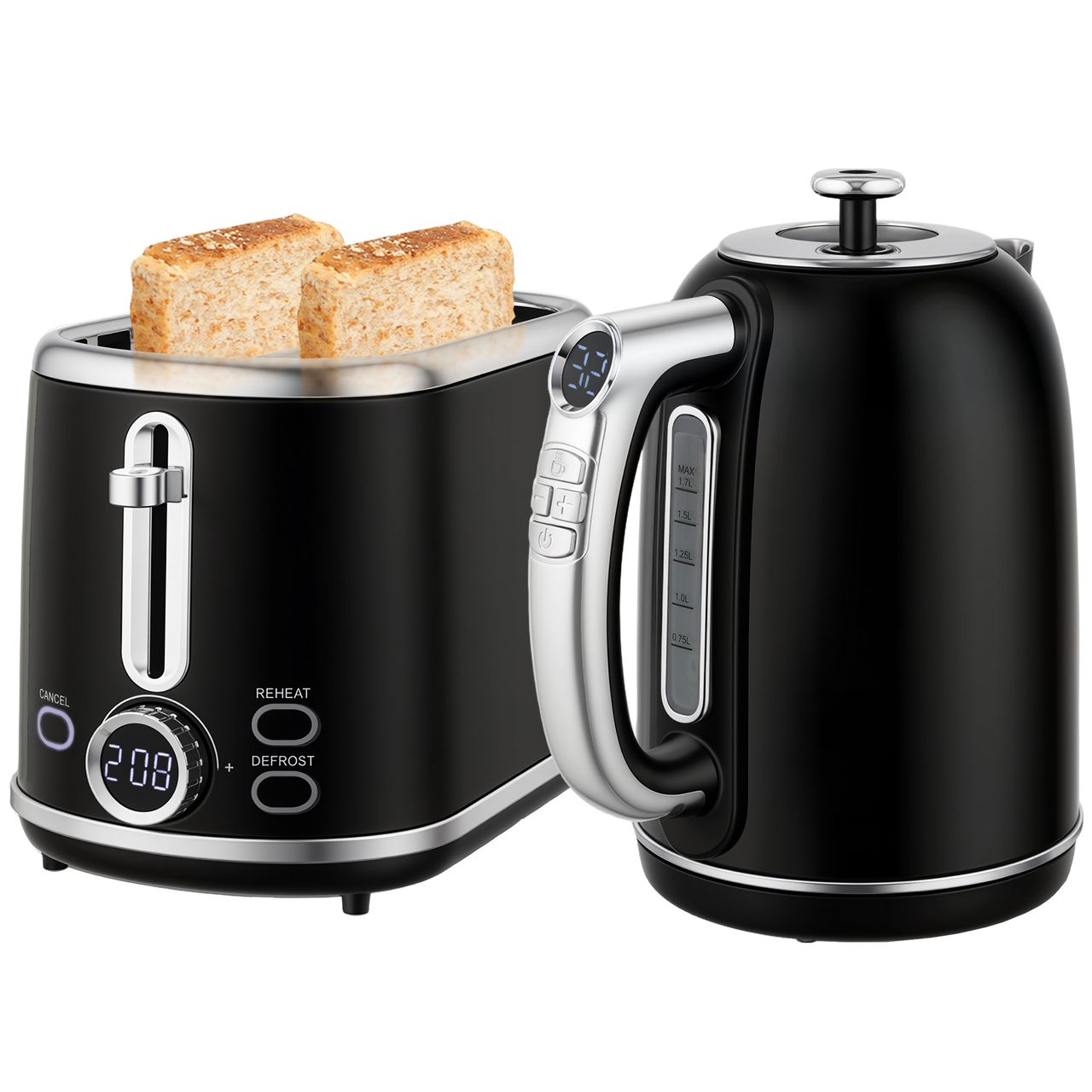 HOMCOM Wasserkocher Toaster Set 1, 7L Edelstahl Wasserkocher 2 Scheiben Toaster Schwarz