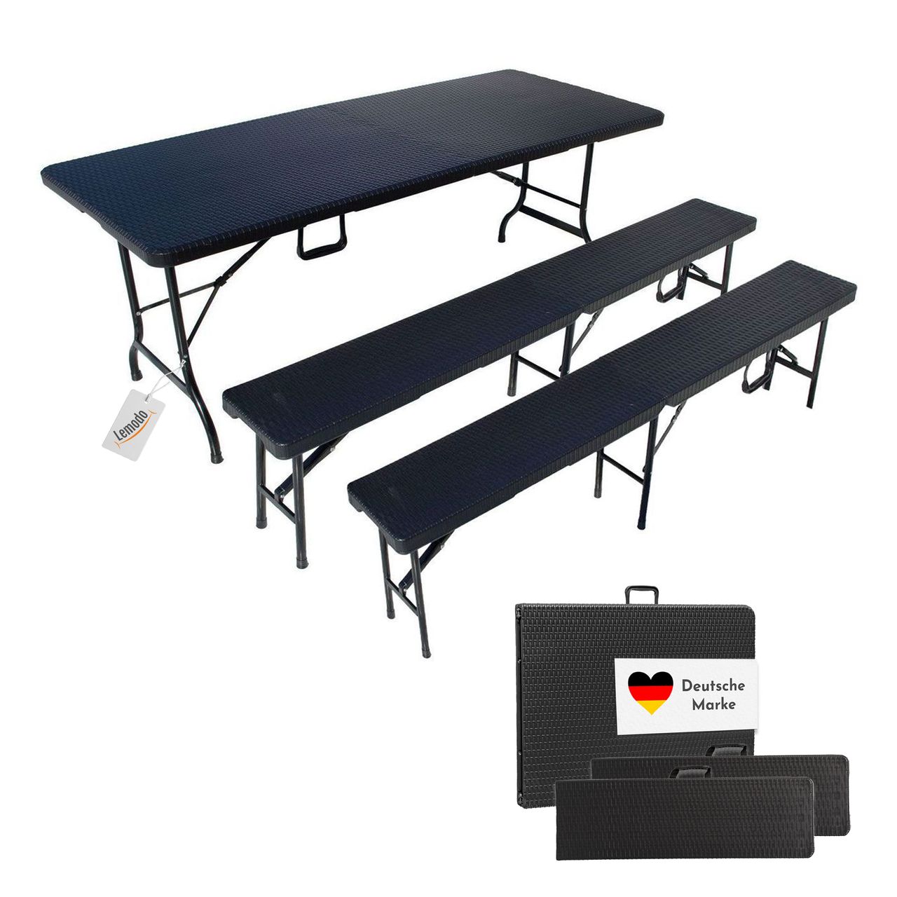 Lemodo Bierzeltgarnitur Set mit 2x Bierbank und 1 Buffettisch in Rattan Optik