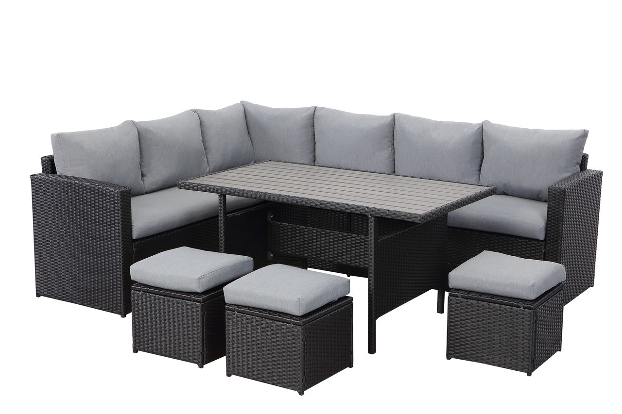 MeXo Lounge Set Polyrattan Gartenmöbel 7 – teile für 6 – 9 Personen Garten & Balkon (schwarz & grau)