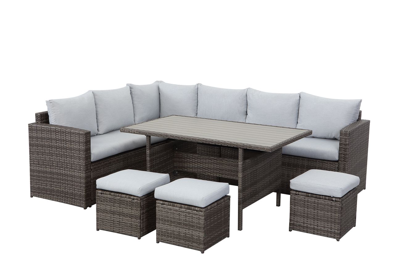 MeXo Lounge Set Polyrattan Gartenmöbel 7 – teile für 6 – 9 Personen Garten & Balkon (grau & hellgrau)