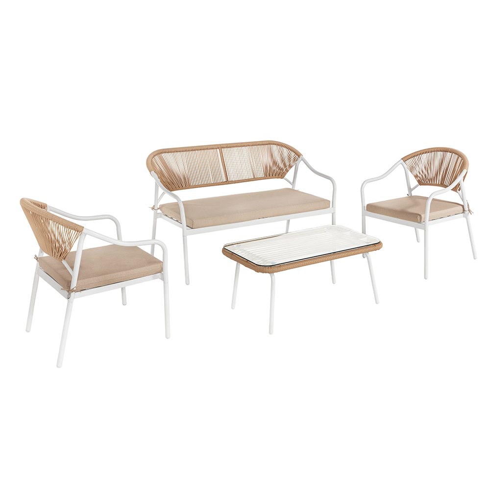 Happy Home 4tlg. Lounge – Set im hellem Rattan mit Sitzkissen – Beige