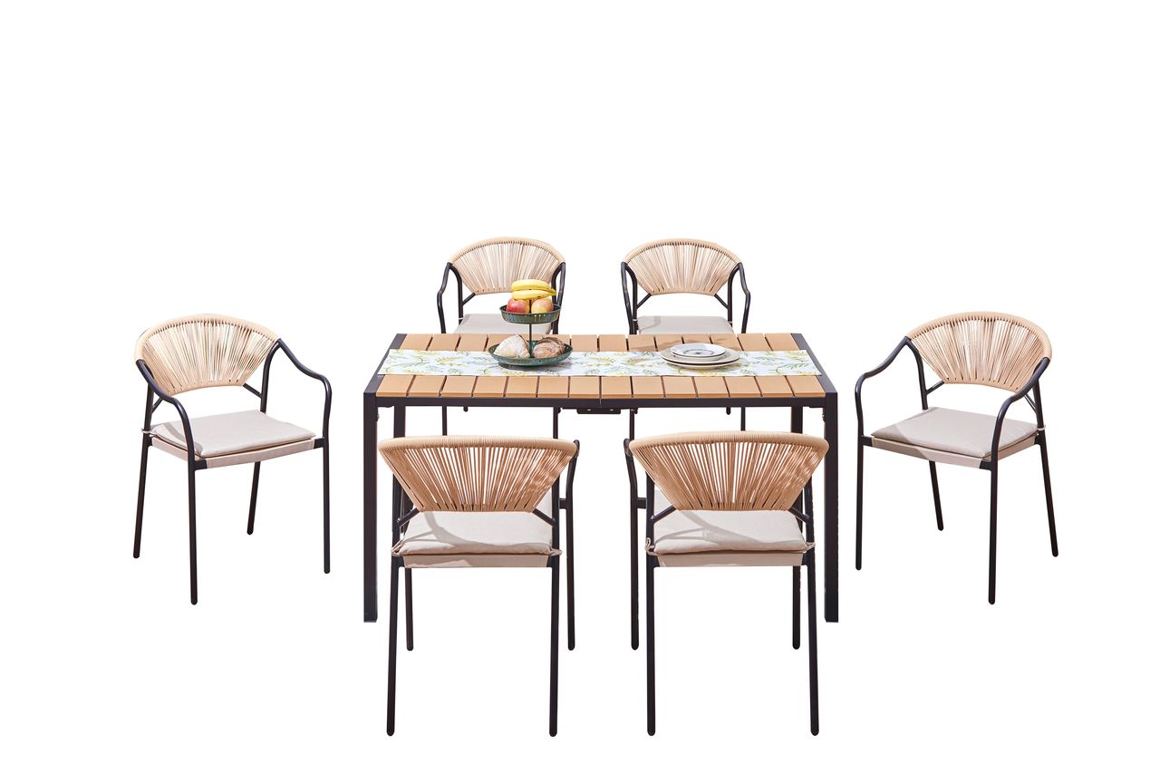 Happy Home 7tlg. Dining Set helles Rattan mit Sitzkissen in Beige