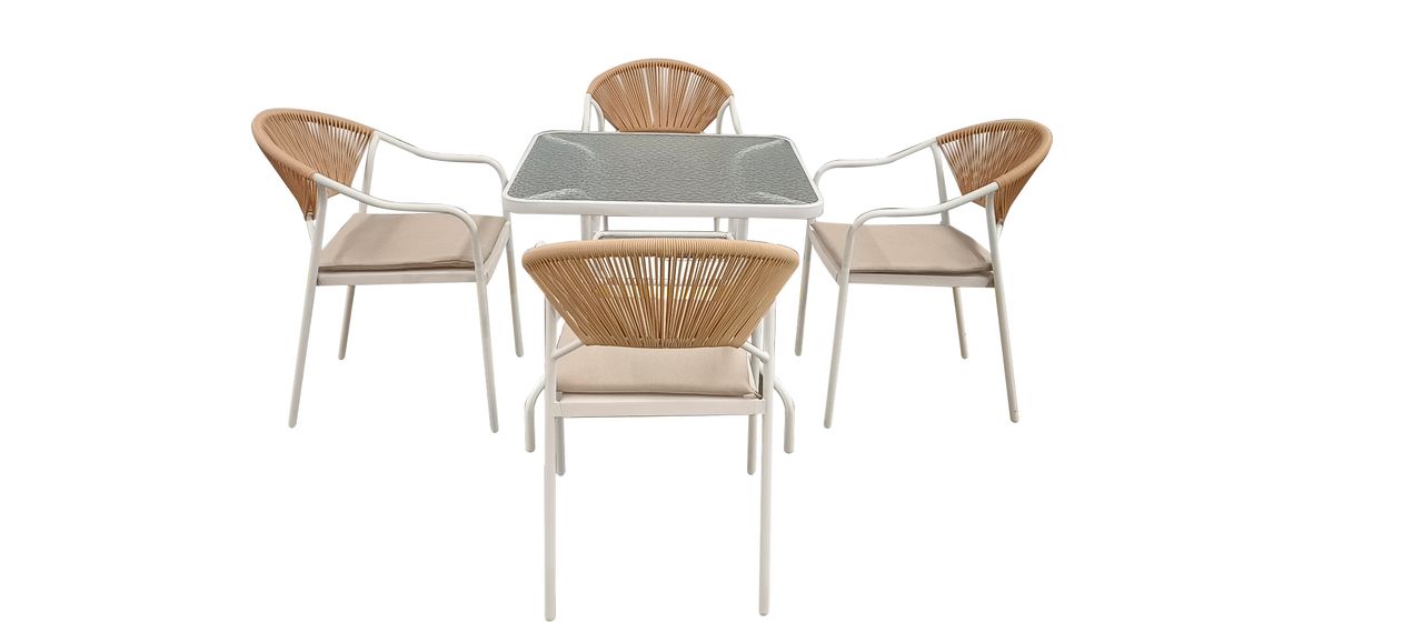 Happy Home 5tlg. Dining Set HGS34 – BEI helles Rattan mit Sitzkissen in Beige