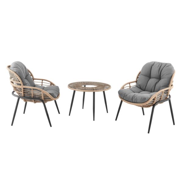 Happy Home 3 tlg. Dining – Set HGS39 – GRA helles Rattan mit Sitzkissen in grau