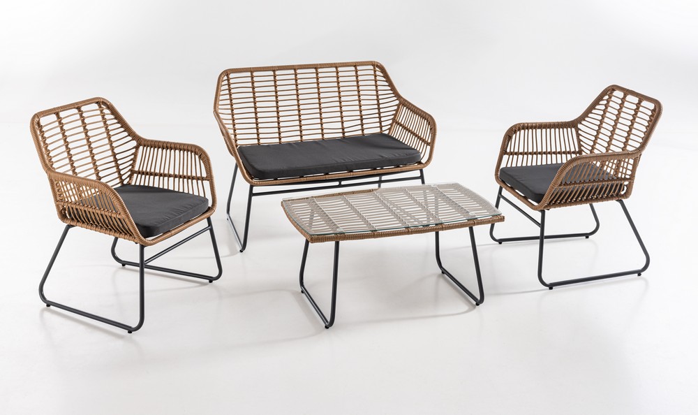Happy Home 7tlg. helles Rattan Lounge – Set mit Sitzkissen – Grau
