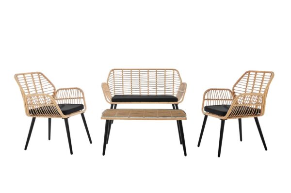 Happy Home 7tlg. helles Rattan Loungeset mit Sitzkissen in schwarz