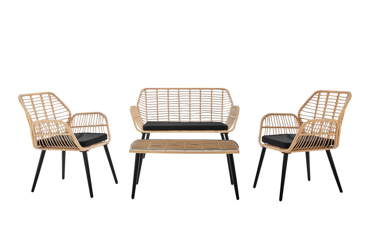 Happy Home 7tlg. helles Rattan Loungeset mit Sitzkissen in schwarz