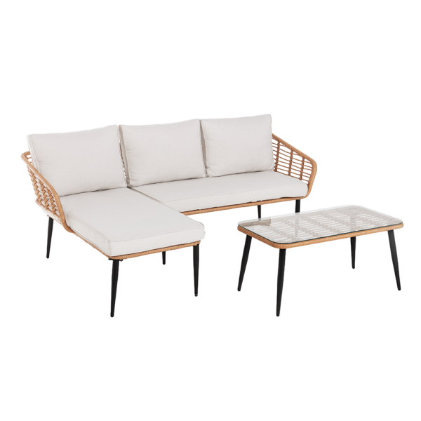 Happy Home 8tlg. helles Rattan Eck – Loungeset mit Sitzkissen in beige