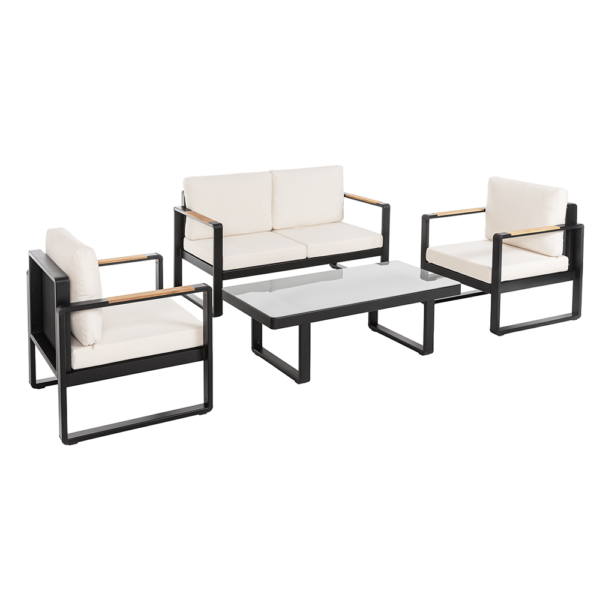 Happy Home 12tlg. Gartenmöbel Lounge – Set mit Sofa & Coffee Table aus Aluminium – Schwarz mit Teakholz