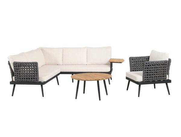 Happy Home 13tlg. Gartenmöbel Lounge – Set mit Sofa & Coffee Table aus Rope – Grau mit Teakholz