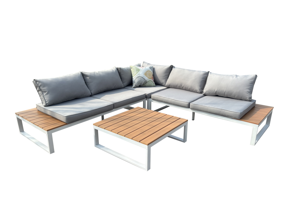 Happy Home 14tlg. Loungeset aus Aluminium inkl. Auflagen HGS64 – HGR hellgrau mit Holzoptik