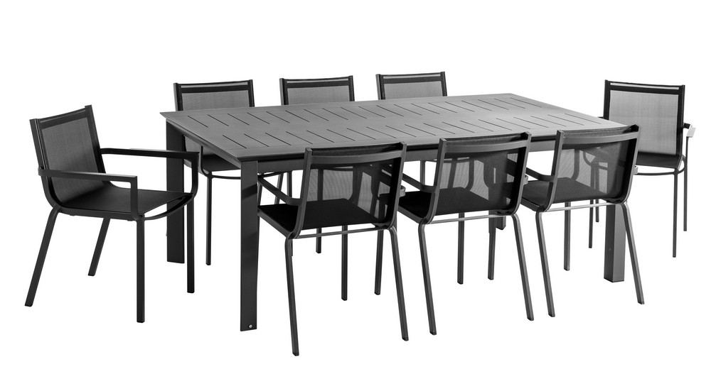 Happy Home 9tlg. Esstisch – Set ausziehbar mit 8 Stühlen aus Aluminium, ca. 200/300 x 110 cm – Dunkelgrau