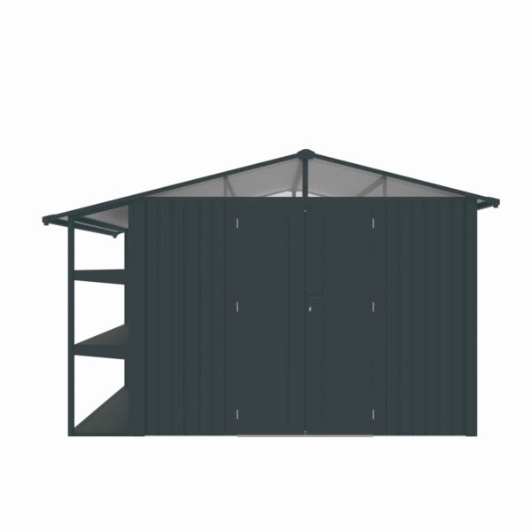 4262386285631-1 Never Indoor Metallgerätehaus "LAURA", ca. 359 x 232 x 228 cm – Glänzendes Grau