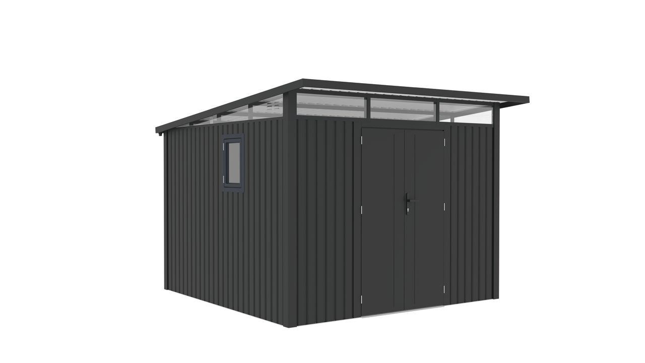 Never Indoor Metallgerätehaus „LENA“, ca. 289 x 318 x 221 cm – Glänzendes Grau