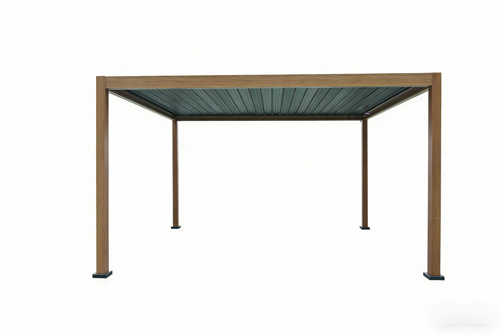 Never Indoor Aluminium – Pergola mit beweglichem Lamellendach, ca. 3 x 3, 6 m – Holzoptik