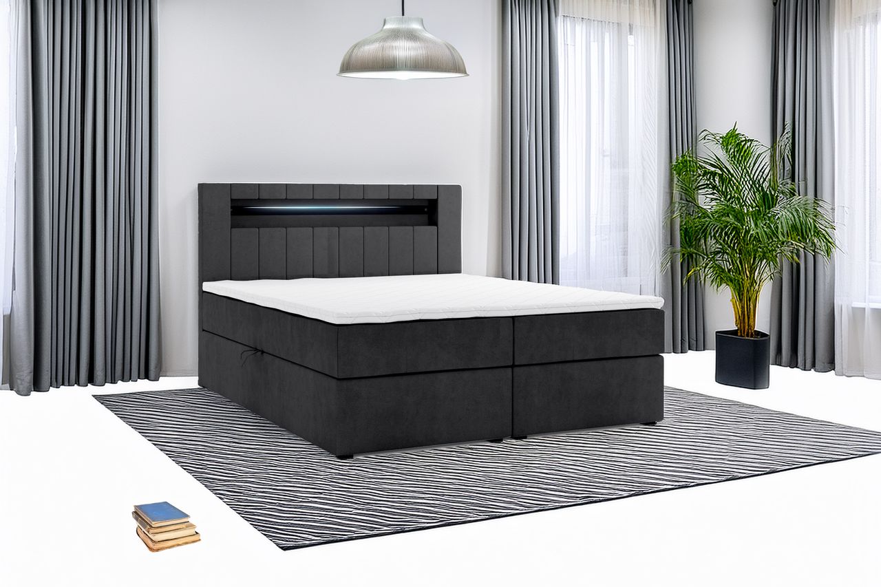 Möbel Punkt Boxspringbett KUBA mit Bettkasten Visco Topper LED 180 x 200 cm Webstoff Inari SCHWARZ Bettkasten