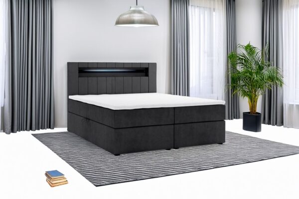 Möbel Punkt Boxspringbett KUBA mit Bettkasten Visco Topper LED 180 x 200 cm Webstoff Inari SCHWARZ Bettkasten