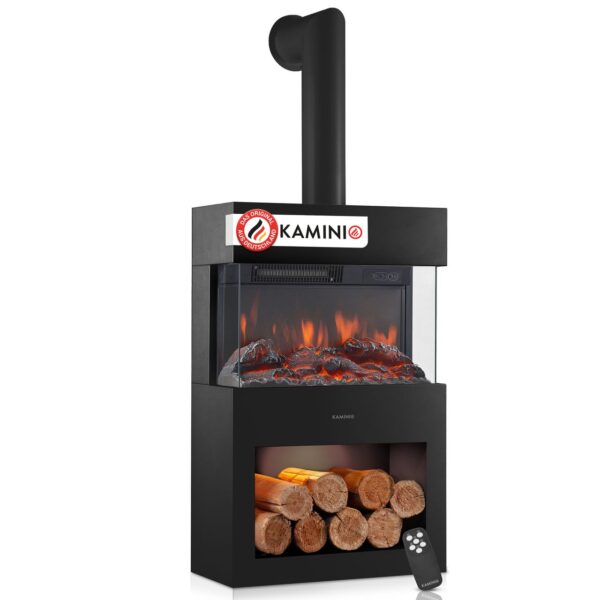 KAMINIO KAMINIO Elektrokamin HENRI mit Ofenrohr – Elektrischer Kaminofen – Schwarz