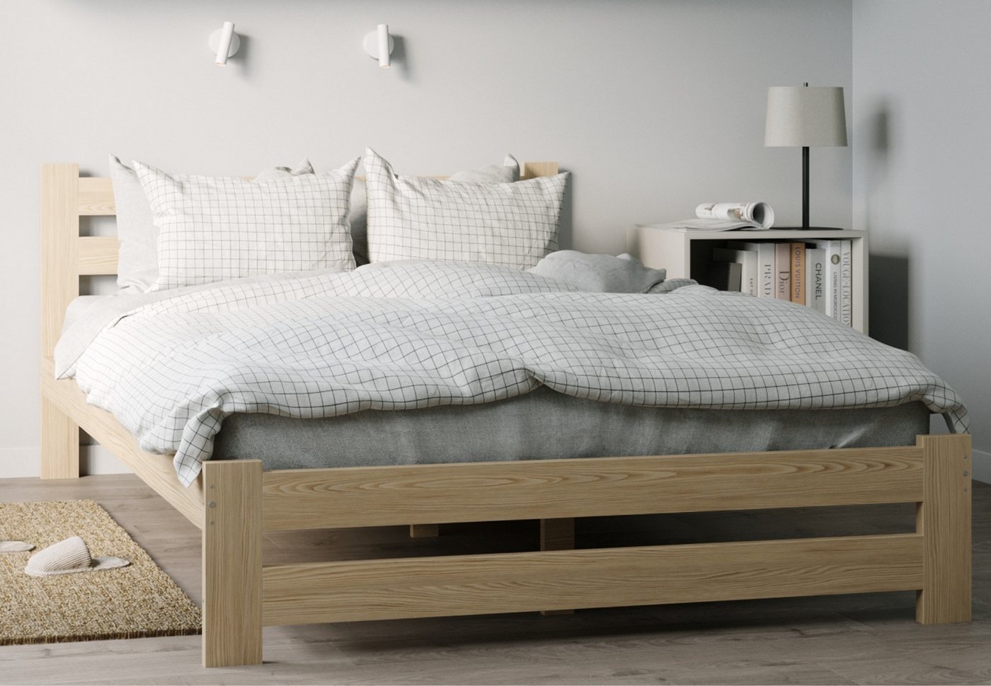 Home Collective Holzbett mit Lattenrost Modern Bett Kiefer Bettgestell Massivholzbett Klassisch (90x200, 120x200, 140x200, 160x200 cm), Doppelbett, Skandi Boho Landhaus Kopfteil hoch 160x200 cm natur