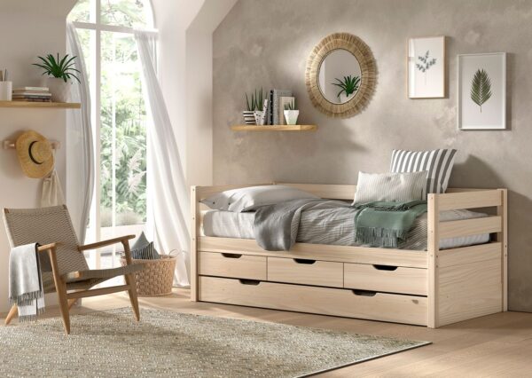 vipack VIPACK – Funktionsbett, 3 Schubladen, Rolllattenrost, 90x200, Bettschublade, Milky White lackiert