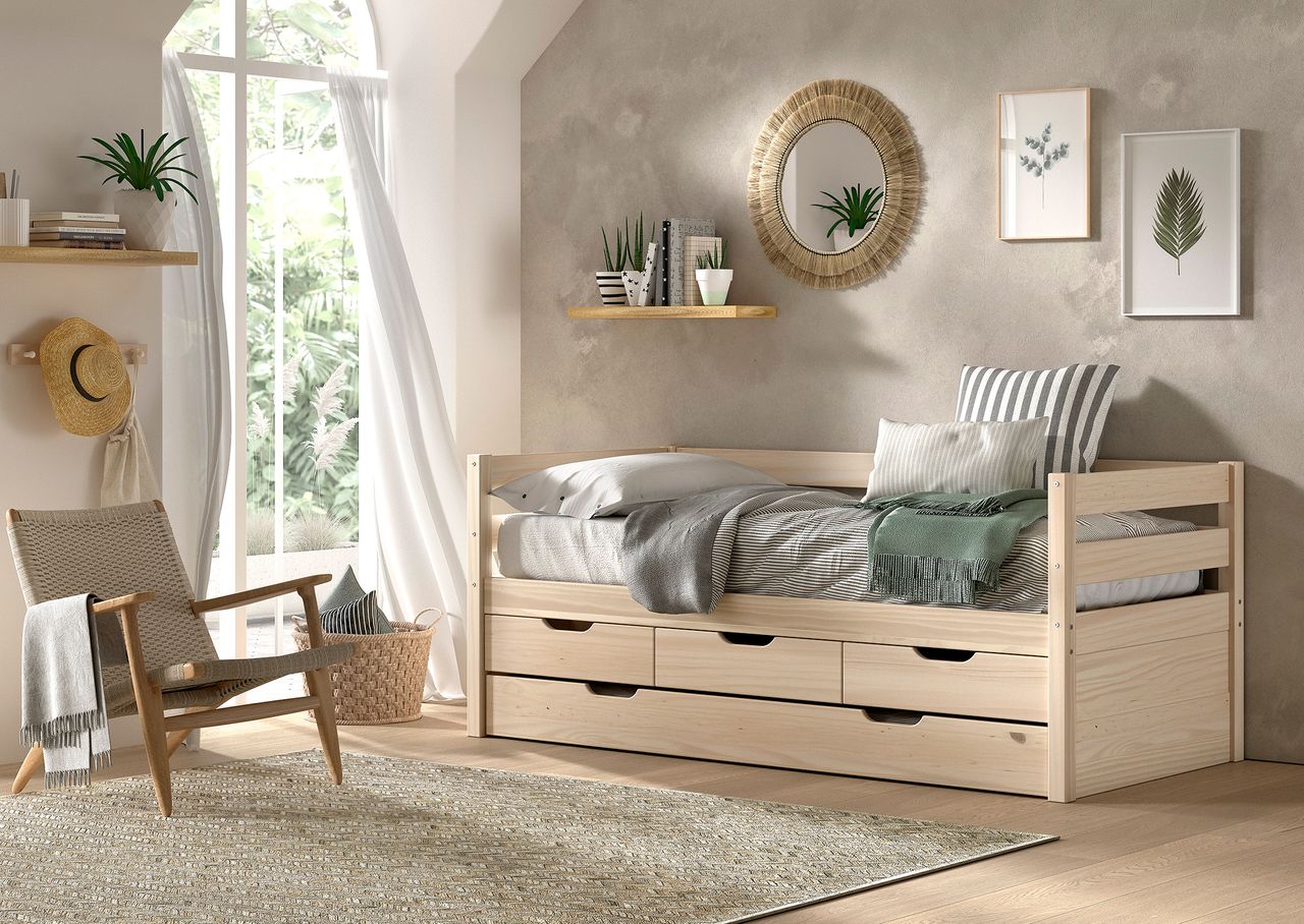 vipack VIPACK – Funktionsbett, 3 Schubladen, Rolllattenrost, 90×200, Bettschublade, Milky White lackiert