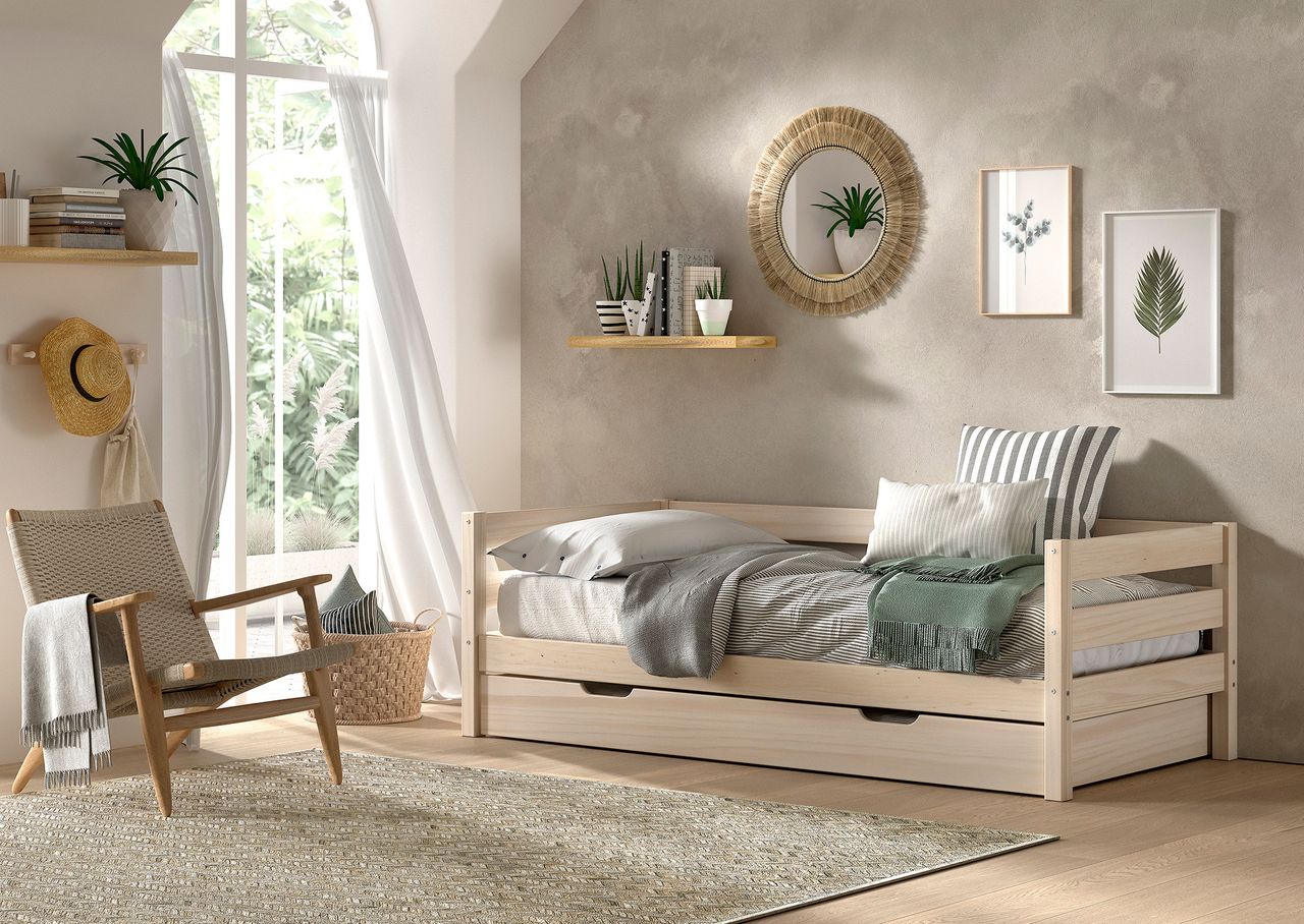 vipack VIPACK – Funktionsbett mit Umrandung, Rolllattenrost, 90×200, Bettschublade, Milky White lackiert