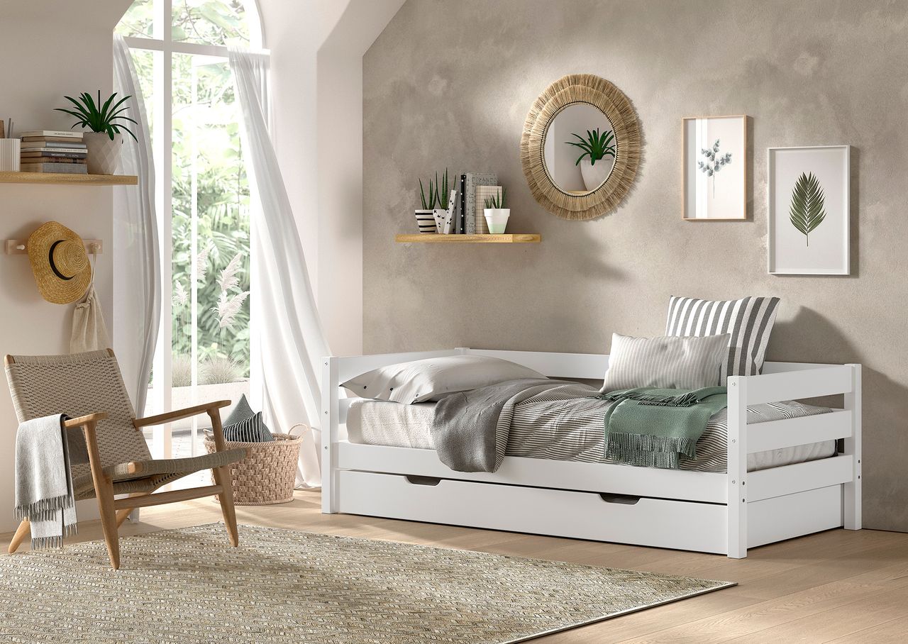 vipack VIPACK – Funktionsbett mit Umrandung, Rolllattenrost, 90×200, Bettschublade, Weiß lackiert