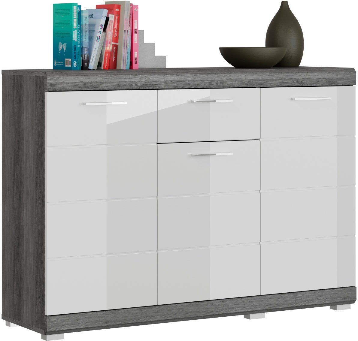 Home affaire Kommode SIENA, Breite 120 cm, 3 Türen, 1 Schubkasten, 5 Einlegeböden, 8 Fächer (hochwertige Rillenfräsung in MDF Front), Schuhkommode, Schuhschrank, Anrichte, Sideboard