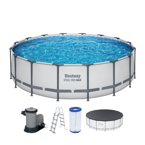 Bestway Steel Pro MAX™ Frame Pool Komplett – Set mit Filterpumpe Ø 488 x 122 cm, lichtgrau, rund