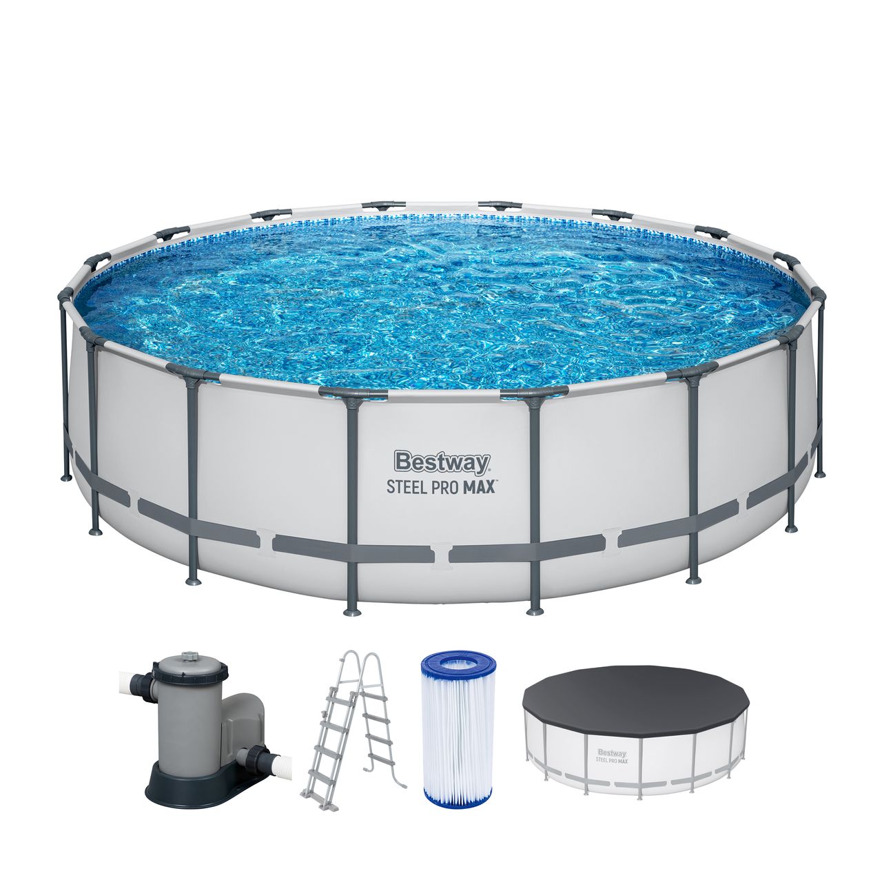 Bestway Steel Pro MAX™ Frame Pool Komplett – Set mit Filterpumpe Ø 488 x 122 cm, lichtgrau, rund
