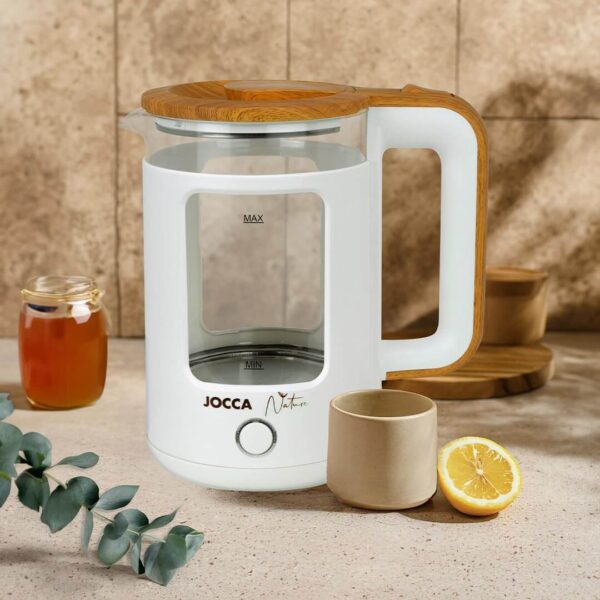 Jocca Elektrischer Wasserkocher weiss, 1, 8L, Borosilikatglas, 360° Basis, Schnellkoch