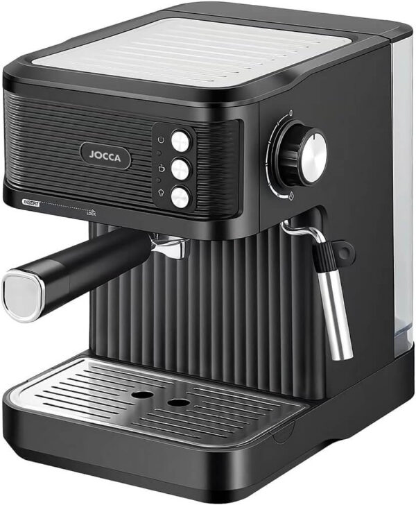 8435253586629-1 Jocca Espressomaschine Schwarz 850W – 20 Bar Druck, 1, 8L Tank, Milchaufschäumer, Edelstahl