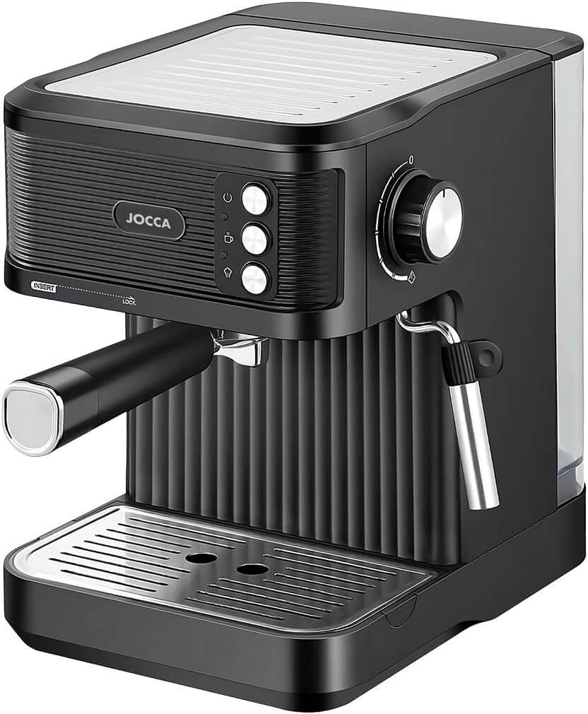 Jocca Espressomaschine Schwarz 850W – 20 Bar Druck, 1, 8L Tank, Milchaufschäumer, Edelstahl