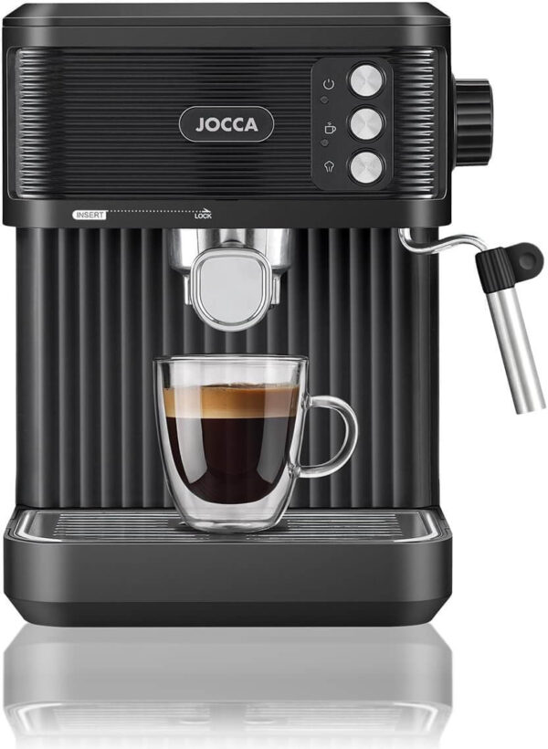 8435253586629-2 Jocca Espressomaschine Schwarz 850W – 20 Bar Druck, 1, 8L Tank, Milchaufschäumer, Edelstahl