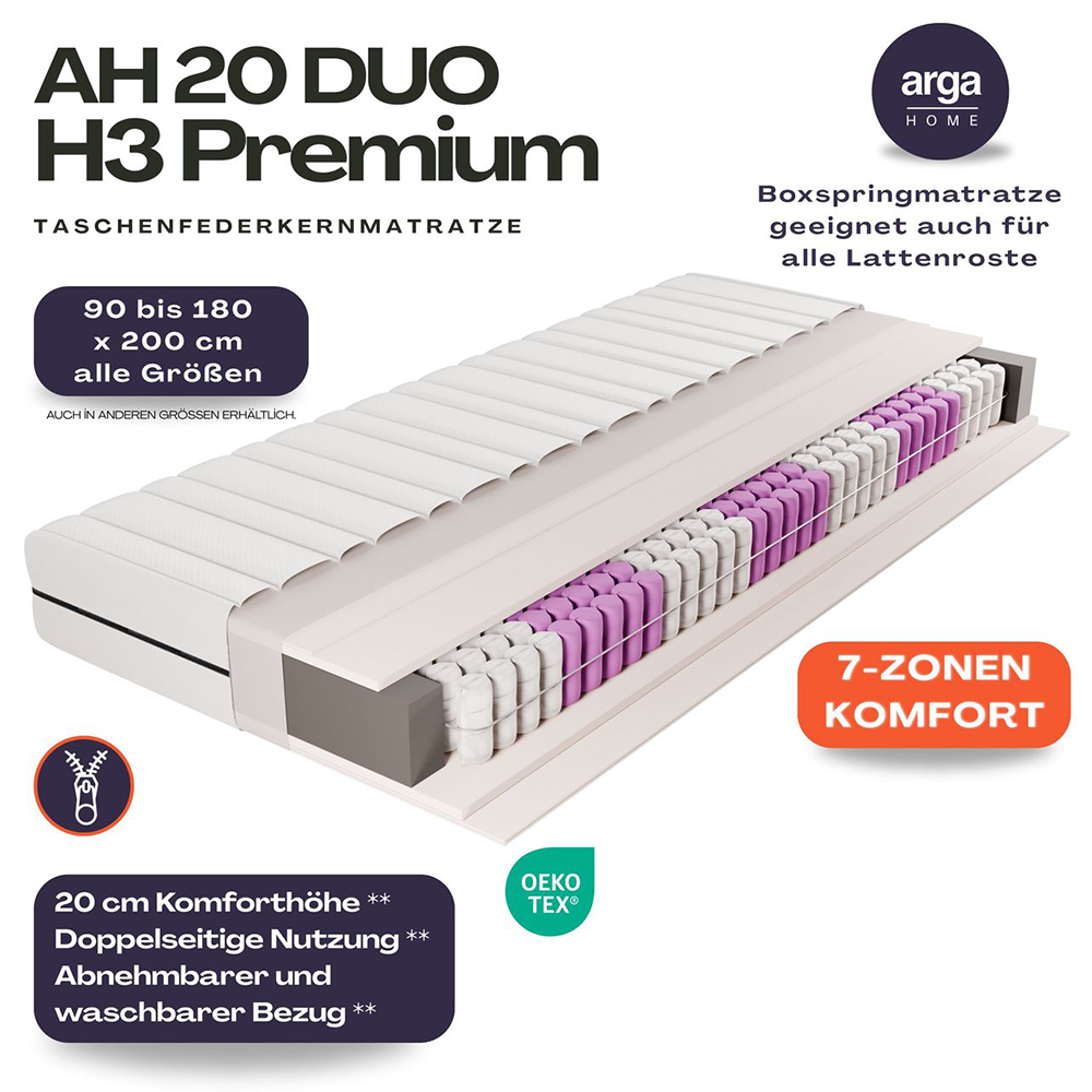 Arga Home AH20 Premium 7 – Zonen Taschenfederkernmatratze 20 cm H3