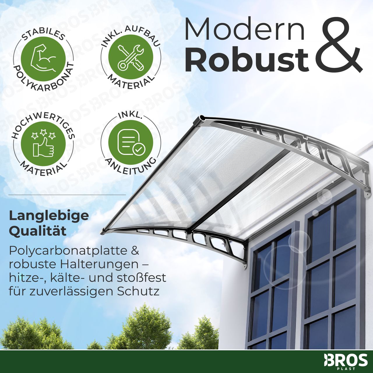 GARDAN PLASTIK FERFORJE Hauseingang Vordach aus Aluminium Rahmen 100 cm x240 cm transparent (mit mitlere Aluminium Stange)