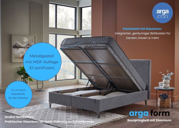 Arga Home Boxspringbett "ARGAFORM" mit Stauraum, mit Bettkasten & 25 cm 5 – Zonen – Federkernmatratze – Hellgrau