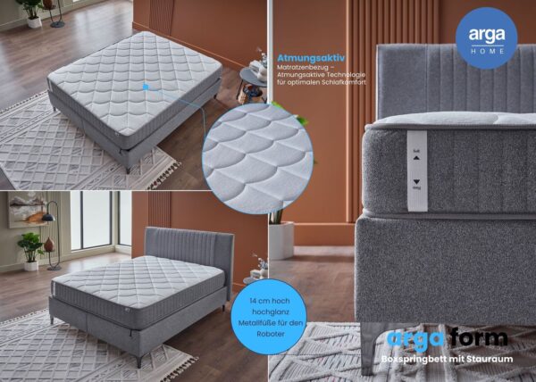 Arga Home Boxspringbett "ARGAFORM" mit Stauraum, mit Bettkasten & 25 cm 5 – Zonen – Federkernmatratze – Hellgrau